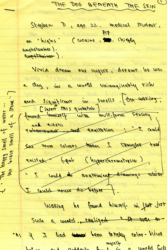 A manuscript page from The Man Who Mistook His Wife for a Hat, courtesy of Oliver Sacks.