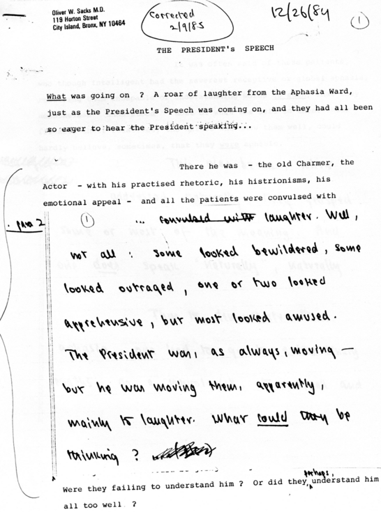 A manuscript page from The Man Who Mistook His Wife for a Hat, courtesy of Oliver Sacks.