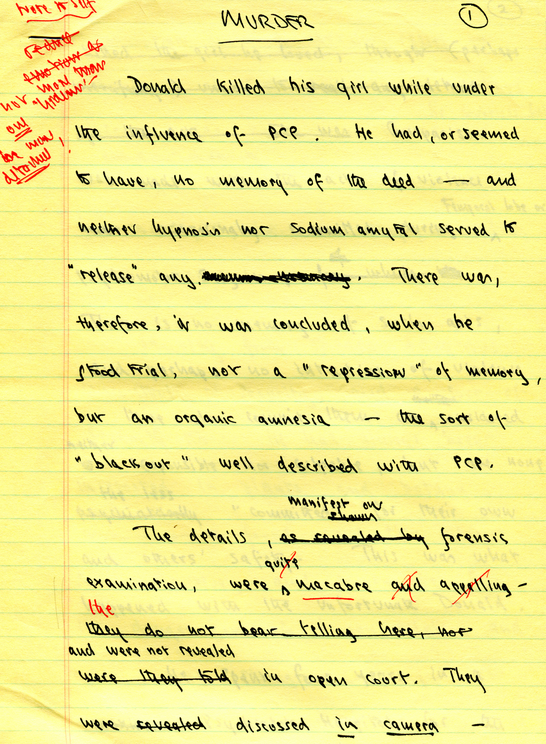 A manuscript page from The Man Who Mistook His Wife for a Hat, courtesy of Oliver Sacks.