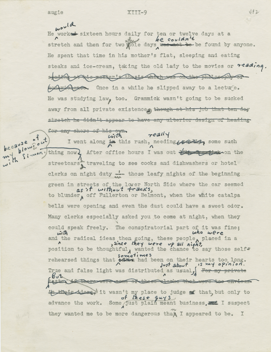 A page from the original manuscript of The Adventures of Augie March, by Saul Bellow, courtesy of the Saul Bellow Papers and Addenda, [Series B, Box 3, Folder 18], Special Collections Research Center, University of Chicago Library.